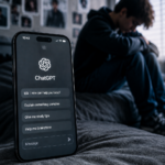 ChatGPT on a mobile phone with a depressed teenager