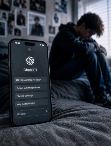 ChatGPT on a mobile phone with a depressed teenager